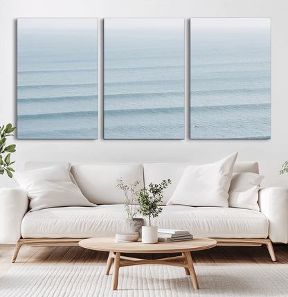 47814787-MGV-CV-60X30-3P-Ocean Waves Wall Art Canvas Print, Framed Solo Surfer Art Picture Print, Wave Lines Perfect Minimalist Ocean Decor Artwork