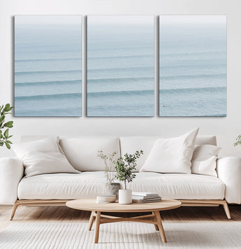 47814787-MGV-CV-36X24-Ocean Waves Wall Art Canvas Print, Framed Solo Surfer Art Picture Print, Wave Lines Perfect Minimalist Ocean Decor Artwork