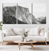 39393420-MGV-CV-60X30-3P-El Capitan Wall Art Canvas Print, Framed Yosemite Cliff Art Picture Print, Monochrome Mountain Perfect Monochrome Sierra Decor