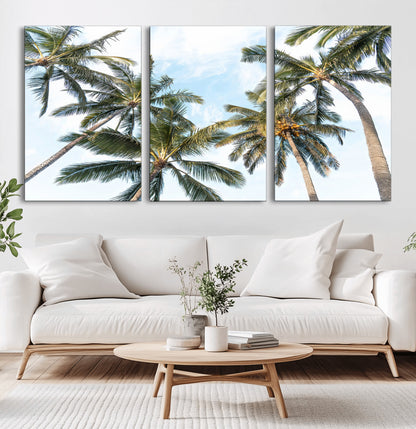 87247012-MGV-CV-60X30-3P-Skyward Palm Trees Wall Art Canvas Print, Framed Tropical Sky Art Picture Print, Coconut Palm Perfect Tropical Skyview Decor
