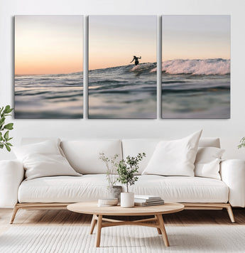 58502923-MGV-CV-60X30-3P-Wave Rider Wall Art Canvas Print, Framed Ocean Wave Art Picture Print, Riding Surf Perfect Sunset Surf Decor Artwork