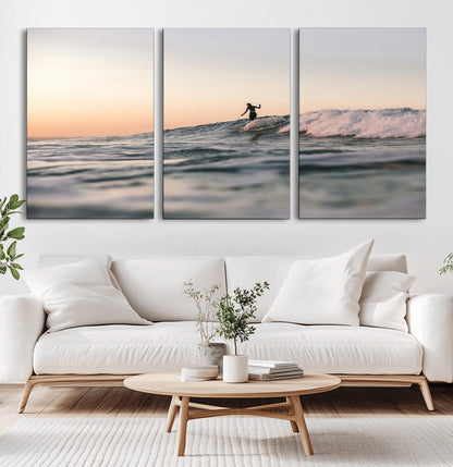 58502923-MGV-CV-60X30-3P-Wave Rider Wall Art Canvas Print, Framed Ocean Wave Art Picture Print, Riding Surf Perfect Sunset Surf Decor Artwork