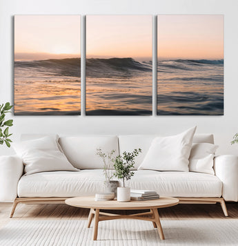 46299358-MGV-CV-60X30-3P-Sunset Waves Wall Art Canvas Print, Framed Ocean Horizon Art Picture Print, Golden Water Perfect Golden Hour Coastal Decor Artwork