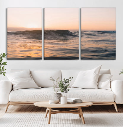 46299358-MGV-CV-36X24-Sunset Waves Wall Art Canvas Print, Framed Ocean Horizon Art Picture Print, Golden Water Perfect Golden Hour Coastal Decor Artwork