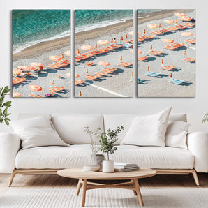 27805351-MGV-CV-36X24-Colorful Umbrellas Wall Art Canvas Print, Framed Sunny Beach Art Picture Print, Beach Lounges Perfect Mediterranean Retro Beach