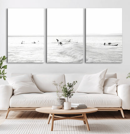 33449548-MGV-CV-60X30-3P-Group Surfers Wall Art Canvas Print, Framed Ocean Wave Art Picture Print, Surf Crowd Perfect Monochrome Surf Decor Artwork