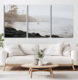 62501405-MGV-CV-60X30-3P-Misty Beach Wall Art Canvas Print, Framed California Surfer Art Picture Print, Coastal Cliff Perfect Coastal Beach Decor Artwork