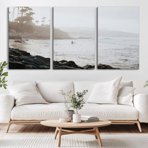 62501405-MGV-CV-36X24-Misty Beach Wall Art Canvas Print, Framed California Surfer Art Picture Print, Coastal Cliff Perfect Coastal Beach Decor Artwork