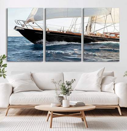 97168626-MGV-CV-60X30-3P-Sailing Yacht Wall Art Canvas Print, Framed Wooden Yacht Art Picture Print, Ocean Waves Perfect Nautical Coastal Decor Artwork