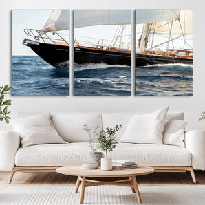 97168626-MGV-CV-36X24-Sailing Yacht Wall Art Canvas Print, Framed Wooden Yacht Art Picture Print, Ocean Waves Perfect Nautical Coastal Decor Artwork