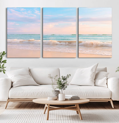 74679437-MGV-CV-60X30-3P-Pastel Ocean Wall Art Canvas Print, Framed Beach Waves Art Picture Print, Soft Sunset Perfect Pastel Coastal Decor Artwork