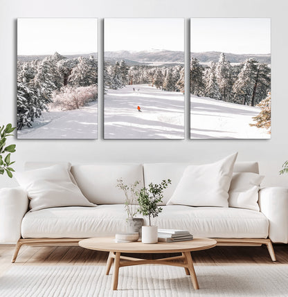 62119206-MGV-CV-60X30-3P-Snowy Trail Wall Art Canvas Print, Framed Ski Slope Art Picture Print, Winter Pines Perfect Alpine Adventure Decor Artwork