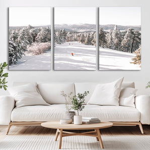 62119206-MGV-CV-36X24-Snowy Trail Wall Art Canvas Print, Framed Ski Slope Art Picture Print, Winter Pines Perfect Alpine Adventure Decor Artwork