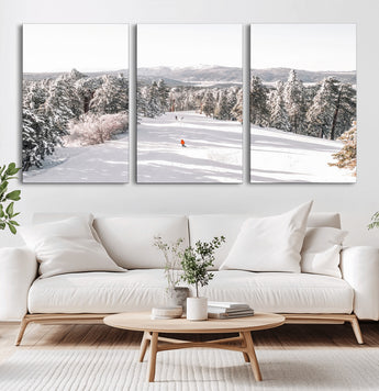 62119206-MGV-CV-36X24-Snowy Trail Wall Art Canvas Print, Framed Ski Slope Art Picture Print, Winter Pines Perfect Alpine Adventure Decor Artwork