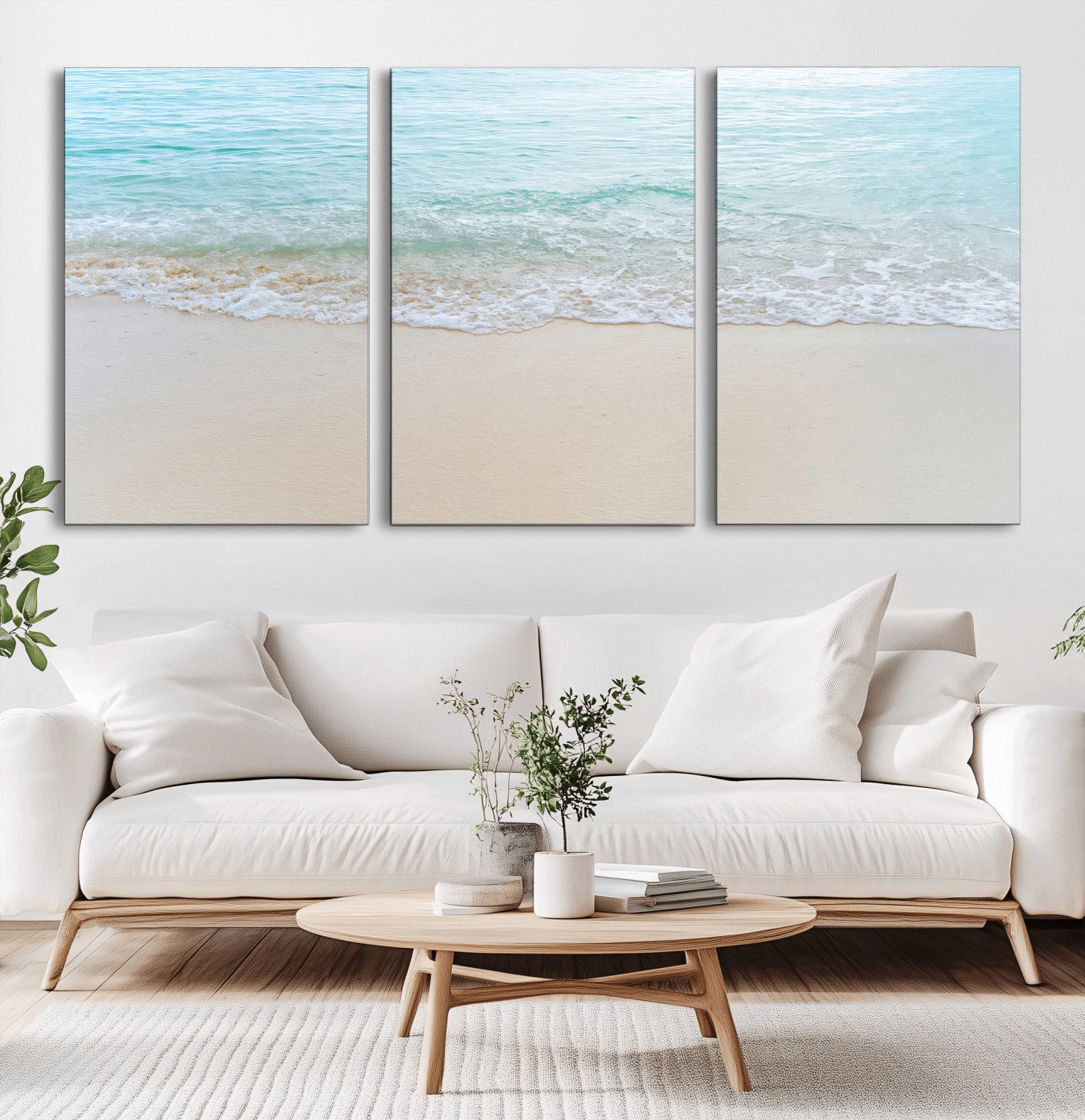 77194056-MGV-CV-60X30-3P-Soft Shoreline Wall Art Canvas Print, Framed Gentle Waves Art Picture Print, Clear Water Perfect Minimalist Coastal Decor Artwork