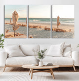 58507949-MGV-CV-60X30-3P-Beach Umbrellas Wall Art Canvas Print, Framed Empty Loungers Art Picture Print, Soft Sand Perfect Minimalist Seaside Decor Artwork
