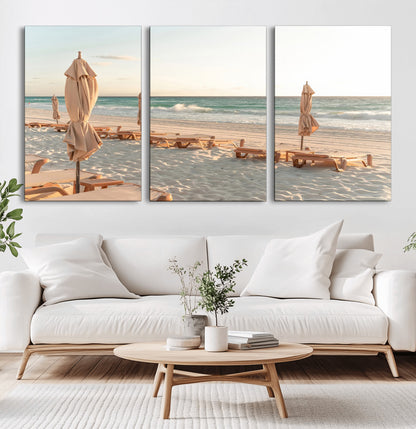 58507949-MGV-CV-60X30-3P-Beach Umbrellas Wall Art Canvas Print, Framed Empty Loungers Art Picture Print, Soft Sand Perfect Minimalist Seaside Decor Artwork