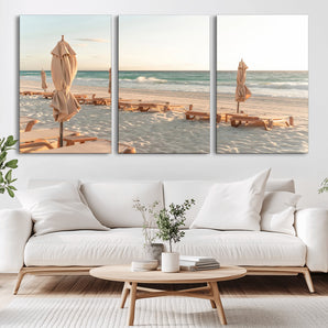 58507949-MGV-CV-36X24-Beach Umbrellas Wall Art Canvas Print, Framed Empty Loungers Art Picture Print, Soft Sand Perfect Minimalist Seaside Decor Artwork