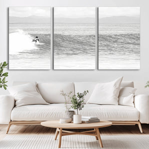 81535128-MGV-CV-36X24-Surfer Woman Wall Art Canvas Print, Framed Black Ocean Art Picture Print, Ocean Surfing Perfect Monochrome Coastal Decor Artwork