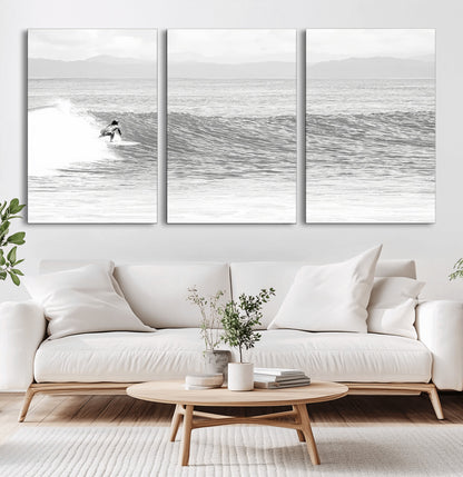 81535128-MGV-CV-36X24-Surfer Woman Wall Art Canvas Print, Framed Black Ocean Art Picture Print, Ocean Surfing Perfect Monochrome Coastal Decor Artwork