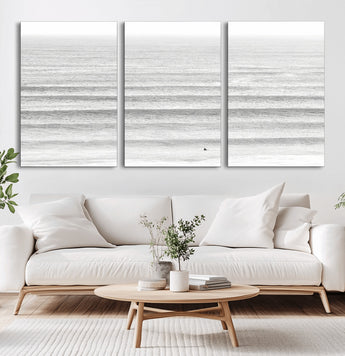 66534476-MGV-CV-36X24-Lone Surfer Wall Art Canvas Print, Framed Ocean Waves Art Picture Print, Minimal Sea Perfect Minimal Coastal Decor Artwork