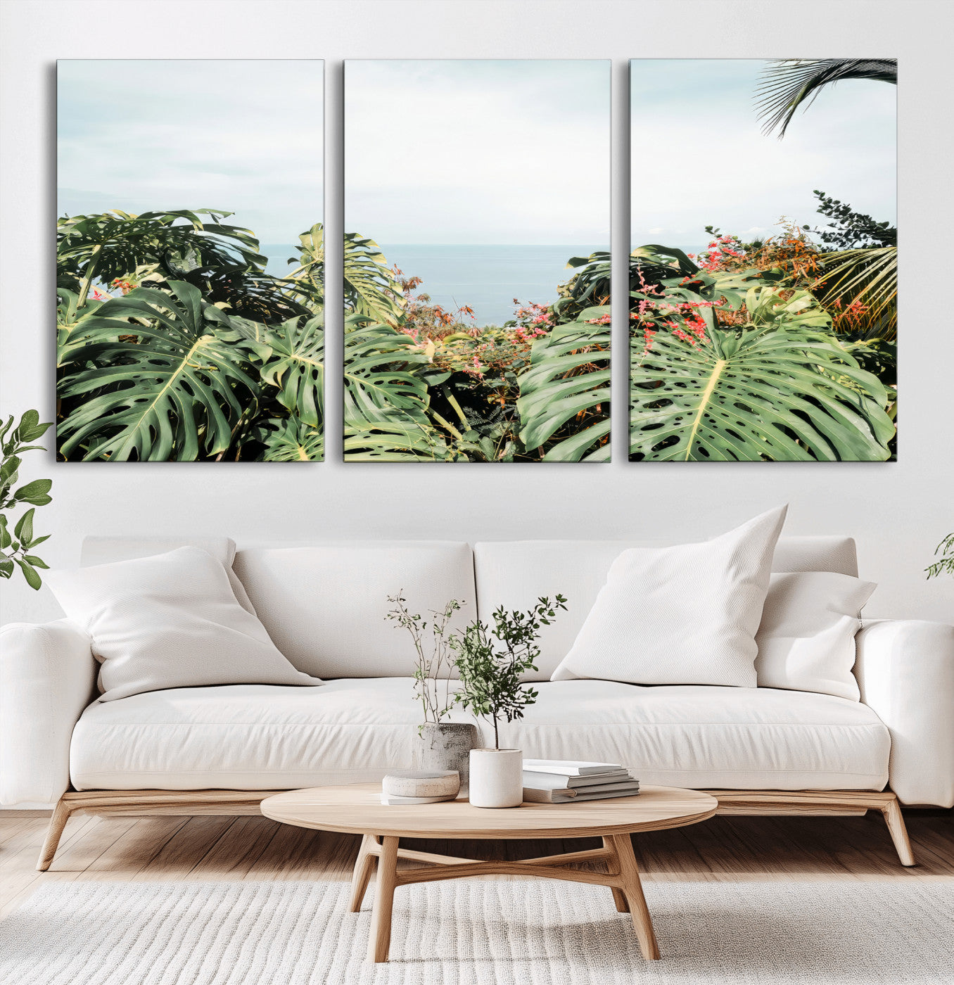 45700479-MGV-CV-60X30-3P-Monstera Leaves Wall Art Canvas Print, Framed Tropical Ocean Art Picture Print, Tropical Foliage Perfect Tropical Coastal Jungle