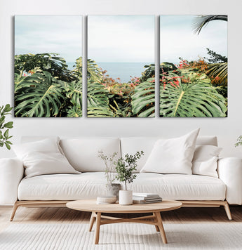 45700479-MGV-CV-60X30-3P-Monstera Leaves Wall Art Canvas Print, Framed Tropical Ocean Art Picture Print, Tropical Foliage Perfect Tropical Coastal Jungle