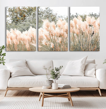 21826392-MGV-CV-60X30-3P-Pampas Grass Wall Art Canvas Print, Framed Soft Pampas Art Picture Print, Pastel Grasses Perfect Soft Neutral Boho Decor Artwork