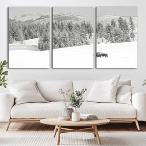 68081143-MGV-CV-36X24-Snowy Bison Wall Art Canvas Print, Framed Winter Forest Art Picture Print, Lone Bison Perfect Monochrome Winter Wild Decor Artwork