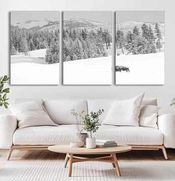 68081143-MGV-CV-36X24-Snowy Bison Wall Art Canvas Print, Framed Winter Forest Art Picture Print, Lone Bison Perfect Monochrome Winter Wild Decor Artwork