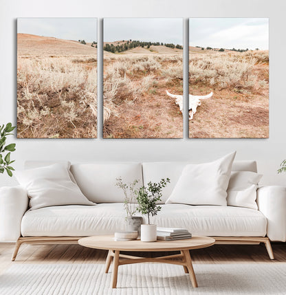 97234735-MGV-CV-60X30-3P-Rustic Bones Wall Art Canvas Print, Framed Desert Sage Art Picture Print, Prairie Skull Perfect Minimal Rustic Decor Artwork