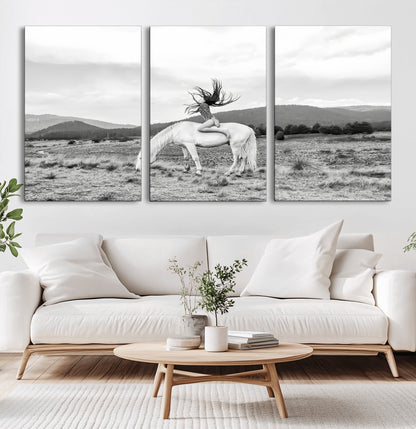62789800-MGV-CV-60X30-3P-White Horse Wall Art Canvas Print, Framed Woman Rider Art Picture Print, Equestrian Pose Perfect Western Boho Decor Artwork