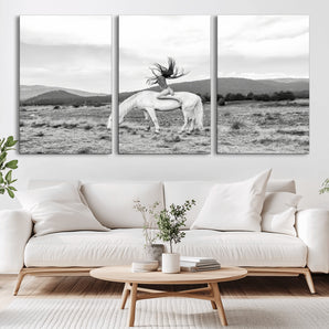 62789800-MGV-CV-36X24-White Horse Wall Art Canvas Print, Framed Woman Rider Art Picture Print, Equestrian Pose Perfect Western Boho Decor Artwork