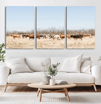 16563092-MGV-CV-60X30-3P-Texas Longhorns Wall Art Canvas Print, Framed Western Cattles Art Picture Print, Rustic Herd Perfect Rustic Farmhouse Decor