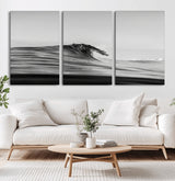 24029476-MGV-CV-60X30-3P-Black Wave Wall Art Canvas Print, Framed Abstract Surf Art Picture Print, Minimalist Ocean Perfect Minimalist Coastal Decor