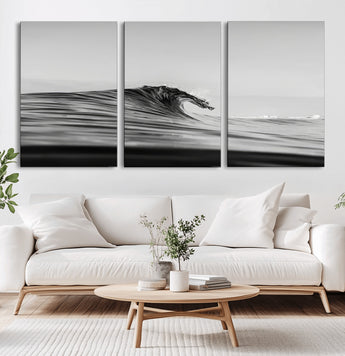 24029476-MGV-CV-60X30-3P-Black Wave Wall Art Canvas Print, Framed Abstract Surf Art Picture Print, Minimalist Ocean Perfect Minimalist Coastal Decor