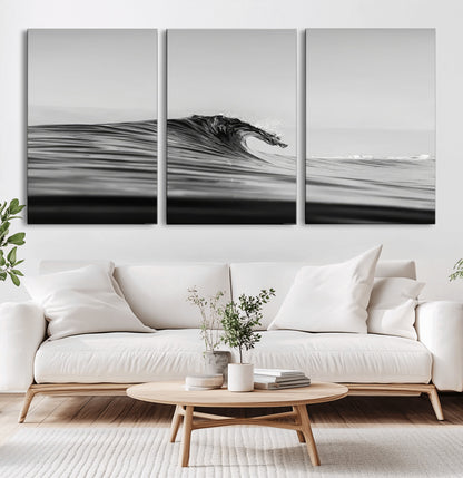 24029476-MGV-CV-60X30-3P-Black Wave Wall Art Canvas Print, Framed Abstract Surf Art Picture Print, Minimalist Ocean Perfect Minimalist Coastal Decor