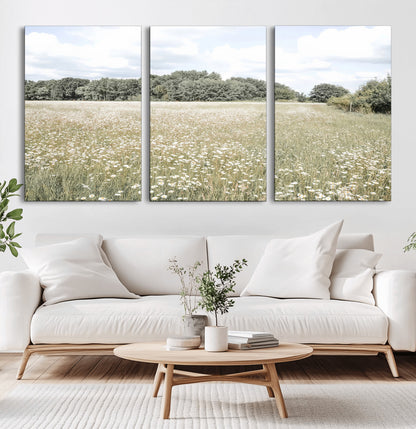 43258946-MGV-CV-36X24-Daisy Field Wall Art Canvas Print, Framed Pastel Flower Art Picture Print, Meadow Bloom Perfect Scandinavian Minimalist Decor