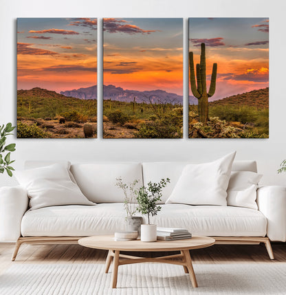25332783-MGV-CV-60X30-3P-Saguaro Cactus Wall Art Canvas Print, Framed Arizona Sunset Art Picture Print, Sonoran Desert Perfect Southwestern Boho Decor