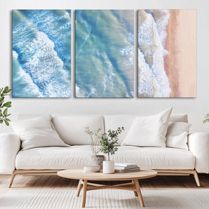 17641845-MGV-CV-36X24-Aerial Ocean Wall Art Canvas Print, Framed Blue Waves Art Picture Print, Sandy Shoreline Perfect Modern Coastal Decor Artwork