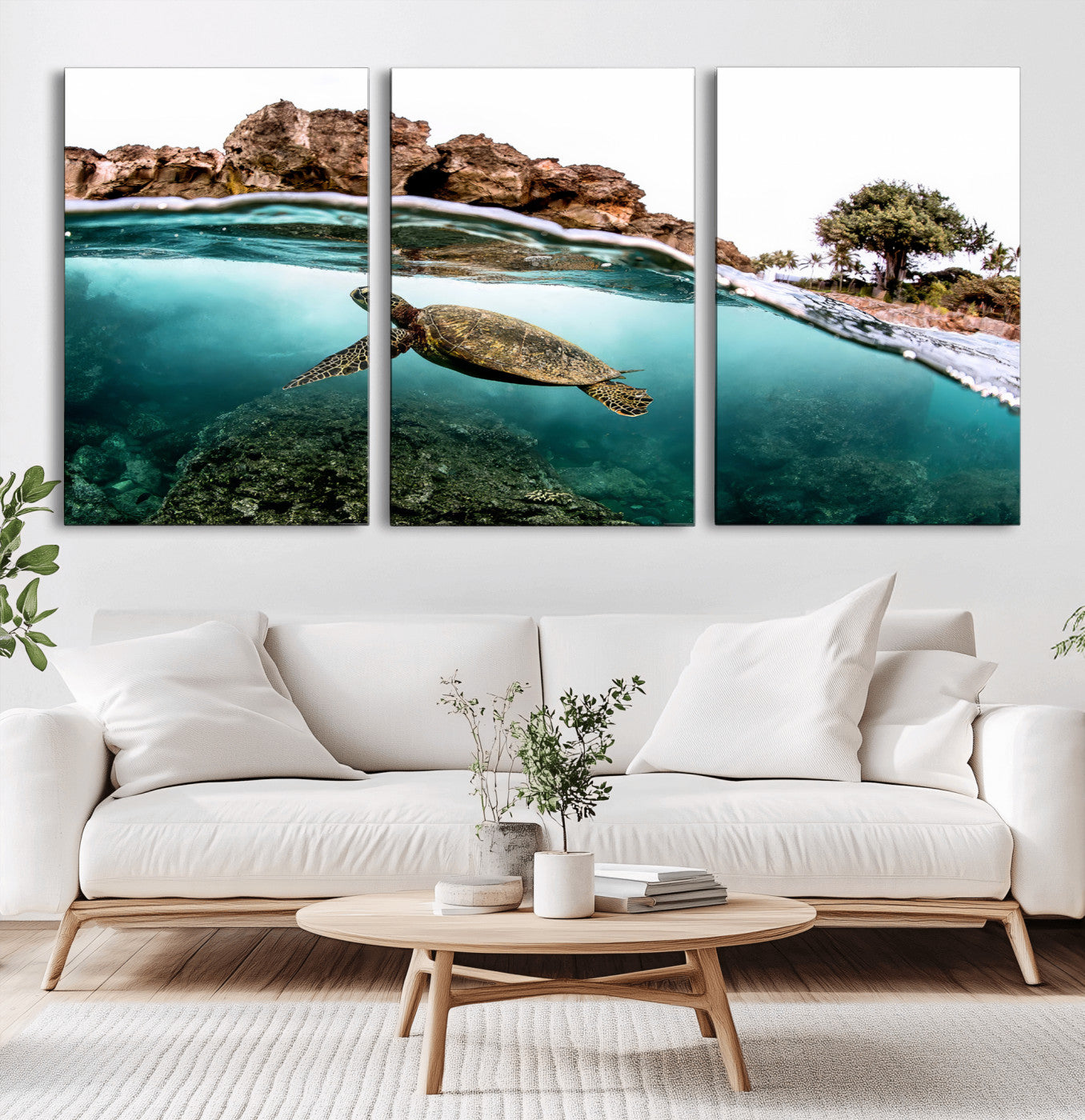 44200301-MGV-CV-60X30-3P-Sea Turtle Swim Wall Art Canvas Print, Framed Ocean Life Art Picture Print, Tropical Shoreline Perfect Tropical Coastal Decor