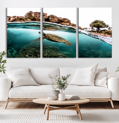 44200301-MGV-CV-60X30-3P-Sea Turtle Swim Wall Art Canvas Print, Framed Ocean Life Art Picture Print, Tropical Shoreline Perfect Tropical Coastal Decor