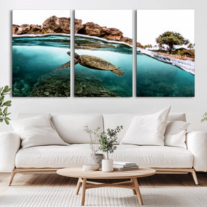 44200301-MGV-CV-36X24-Sea Turtle Swim Wall Art Canvas Print, Framed Ocean Life Art Picture Print, Tropical Shoreline Perfect Tropical Coastal Decor