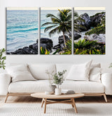 94669907-MGV-CV-60X30-3P-Tropical Coastline Wall Art Canvas Print, Framed Palm Tree Art Picture Print, Rocky Beach Perfect Tropical Coastal Decor Artwork