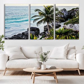 94669907-MGV-CV-36X24-Tropical Coastline Wall Art Canvas Print, Framed Palm Tree Art Picture Print, Rocky Beach Perfect Tropical Coastal Decor Artwork