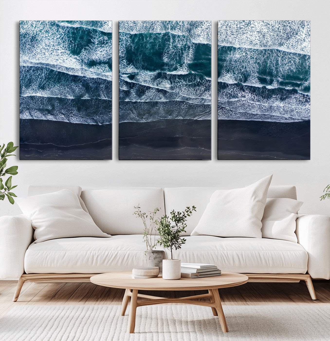 87941475-MGV-CV-60X30-3P-Black Beach Wall Art Canvas Print, Framed Aerial Ocean Art Picture Print, Moody Coastal Perfect Modern Coastal Decor Artwork