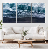 87941475-MGV-CV-60X30-3P-Black Beach Wall Art Canvas Print, Framed Aerial Ocean Art Picture Print, Moody Coastal Perfect Modern Coastal Decor Artwork