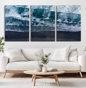 87941475-MGV-CV-60X30-3P-Black Beach Wall Art Canvas Print, Framed Aerial Ocean Art Picture Print, Moody Coastal Perfect Modern Coastal Decor Artwork
