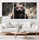 47112103-MGV-CV-60X30-3P-Brown Bear Wall Art Canvas Print, Framed Forest Wildlife Art Picture Print, Woodland Bear Perfect Rustic Cabin Decor Artwork