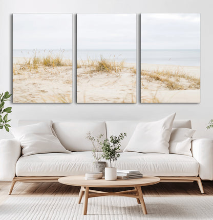 13146857-MGV-CV-60X30-3P-Beach Dunes Wall Art Canvas Print, Framed Soft Horizon Art Picture Print, Coastal Grass Perfect Minimalist Coastal Decor Artwork
